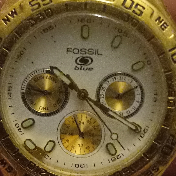 Men's Blue Fossil Rare Big Face Polished Goldtonw Chronological - Picture 3 of 3